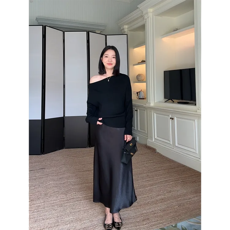 郭九九呢 羊毛斜肩显瘦针织衫毛衣斜裁立体鱼尾半身裙 G925A13959
