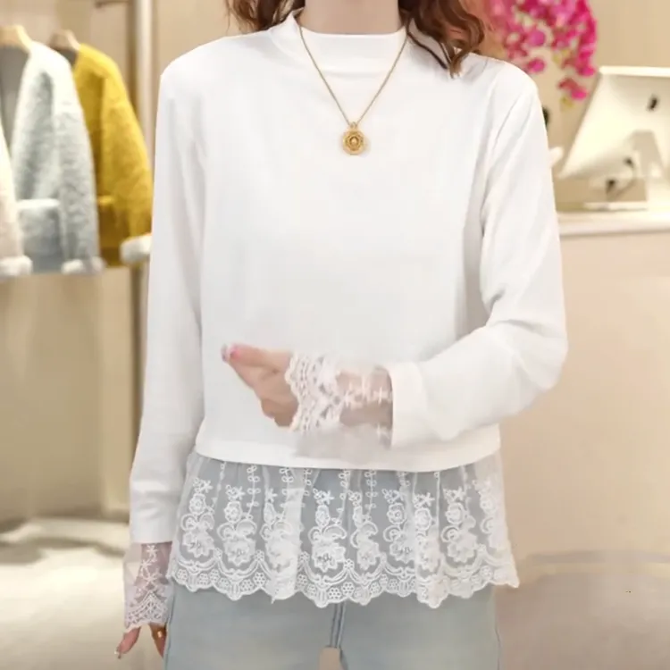 设计感拼接蕾丝圆领磨毛娃娃款上衣女2025早春新款白色长袖T恤