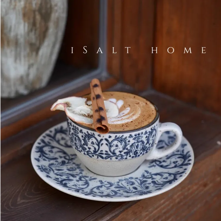 手作鸢尾花咖啡杯.陶瓷高级感手绘拉花杯点心碟创意下午茶/出丹麦