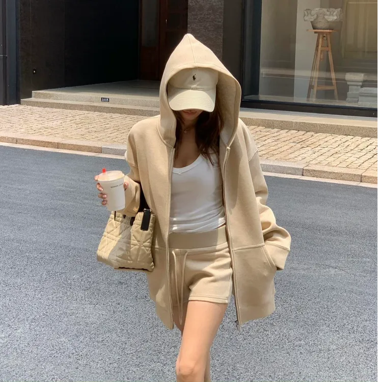 慵懒风韩系连帽长袖卫衣外套高腰百搭休闲短裤女2025秋季新款套装