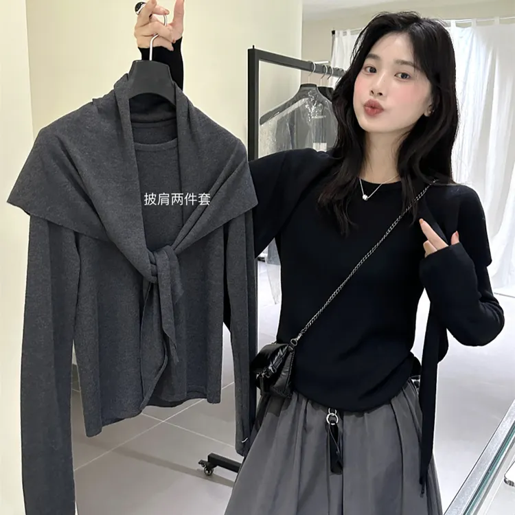 2025新款早秋韩版配披肩圆领毛衣针织衫毛衣女秋季百搭上衣I6-17