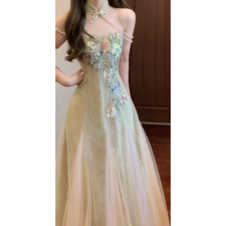 新中式国风设计感挂脖连衣裙无袖收腰仙气鱼尾裙礼服长裙 9348