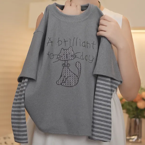 童趣风彩绘猫印花T恤打底女童假两件撞色袖设计宽松上衣