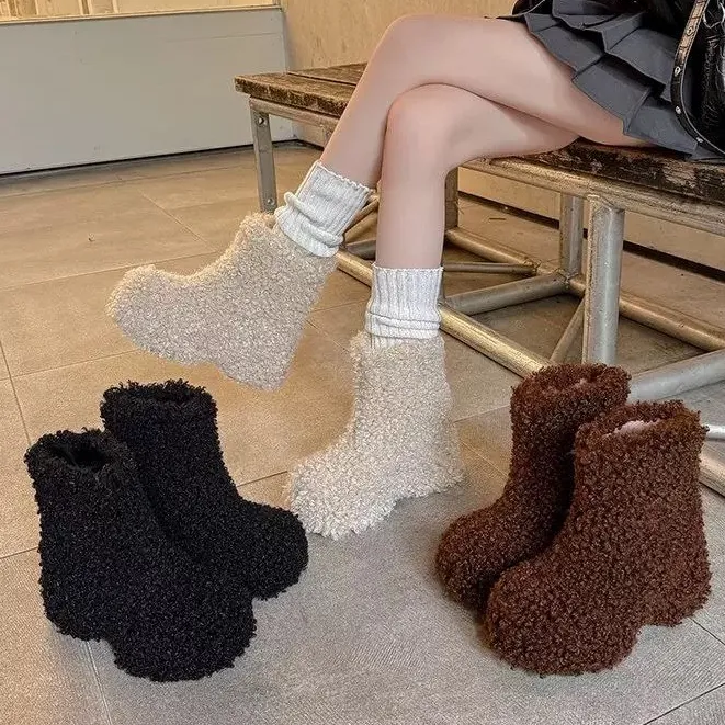 2025秋冬新款米色保暖圆头毛毛靴女百搭时尚内增高雪地靴厚底短靴