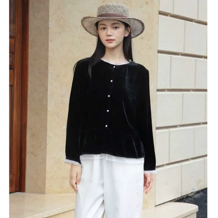 【黑天鹅】桑蚕丝高阶丝绒外套短款气质优雅花边礼服FSY50956