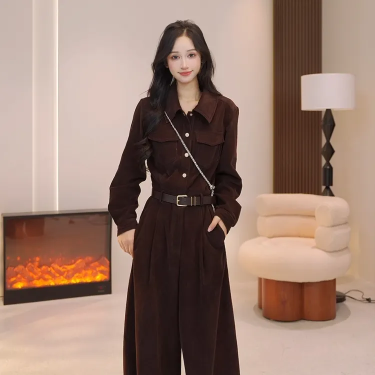 Basic House/百家好2025秋季新款休闲百搭气质灯芯绒连体裤DQE09