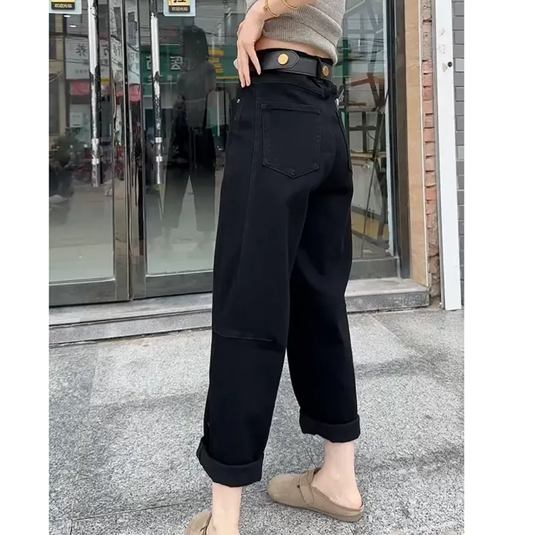 宽松直筒牛仔裤女2025早秋新款大码女装高腰弹力九分哈伦老爹裤子