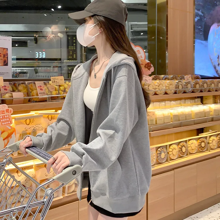 早秋外套女2025新款春秋爆款韩系连帽秋季卫衣女款灰色开衫上衣服