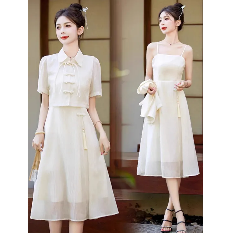 新中式国风连衣裙女2025夏新款短袖盘扣衬衫配吊带裙子汉服两件套