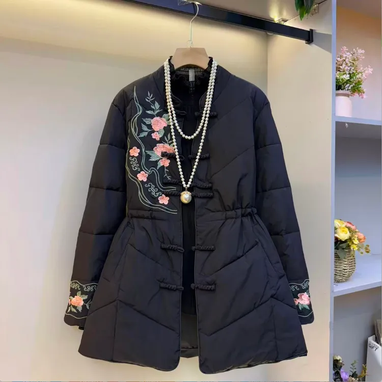 新款大码女装欧货气质腰抽绳复古重工刺绣高品质棉服外套