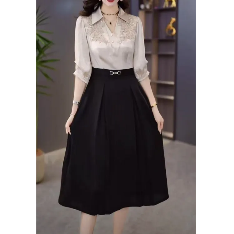 女装气质名媛假两件连衣裙早秋新款收腰减龄中长款裙子6658#