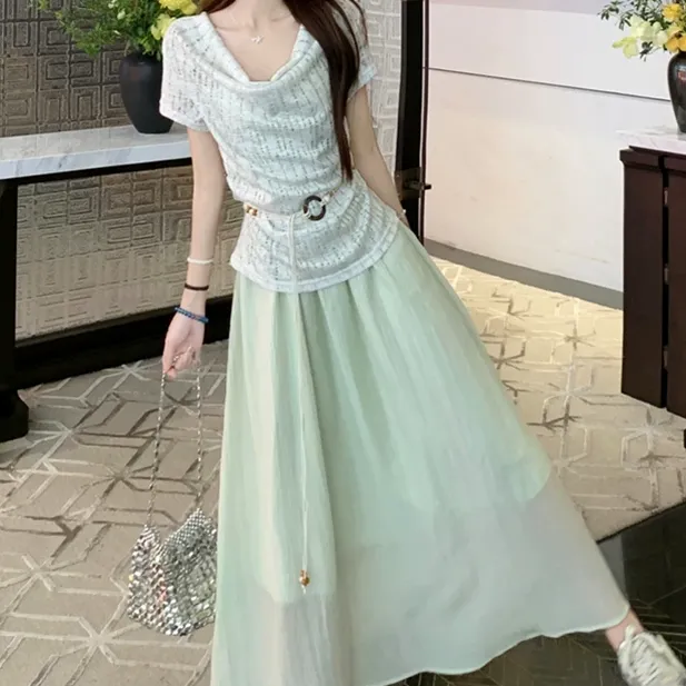 【鱼白专属】设计感吊带连衣裙韩系百搭短袖套装女装7130