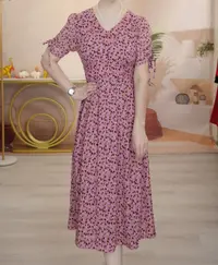 X0783 碎花法式显瘦粉红色碎花连衣裙休闲收腰连衣裙女装