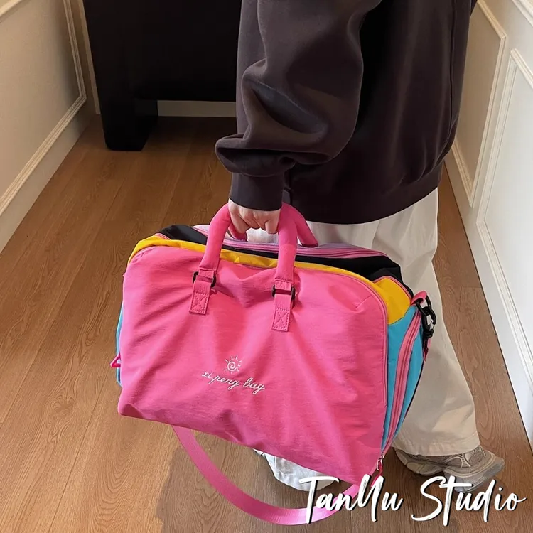 探屿新款旅行包多巴胺撞色行李袋大容量轻便手提包运动健身斜挎包