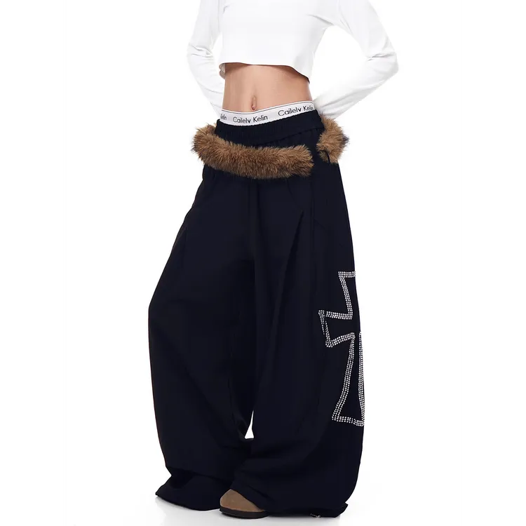 美式可拆卸毛领烫钻十字架阔腿休闲卫裤女爵士舞宽松春秋直筒长裤