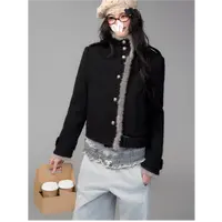 「羊毛+棉」毛条拼接设计感立领毛呢外套韩系通勤宽松短款夹克