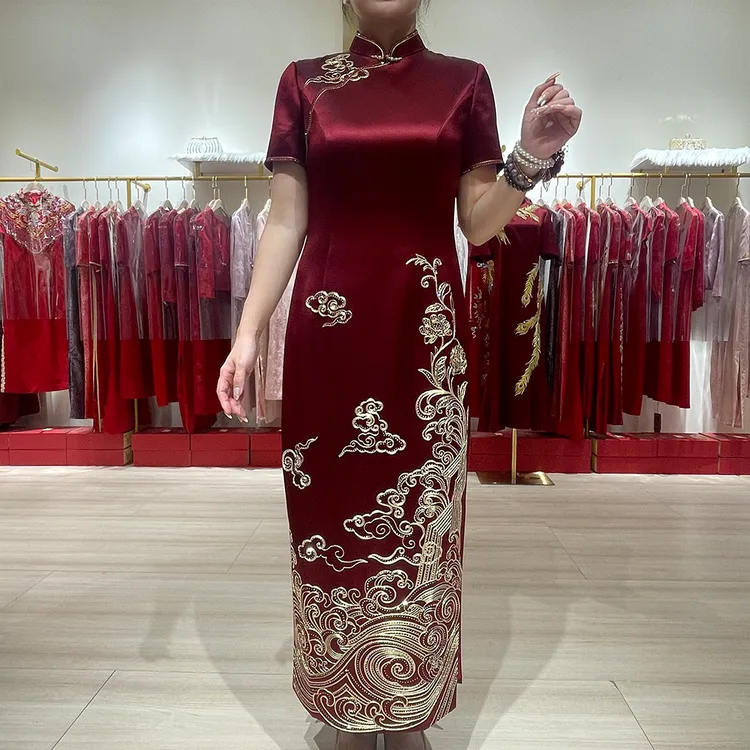 秋冬斜襟旗袍中国风刺绣旗袍重磅醋酸中长款婚礼喜妈妈优雅气质