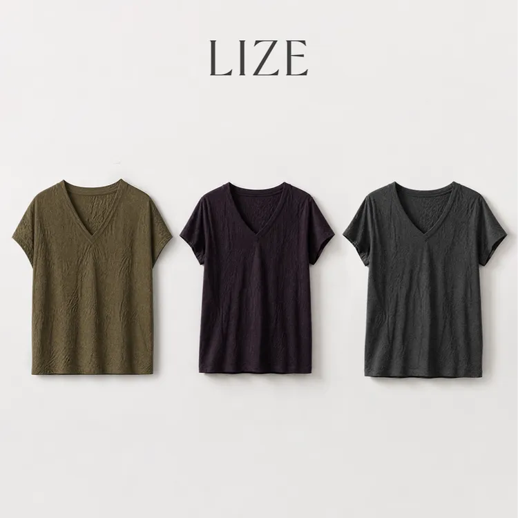 LIZE【凉风皱皱T-L2233】定制凉感莱赛尔混纺面料.V领短袖T恤