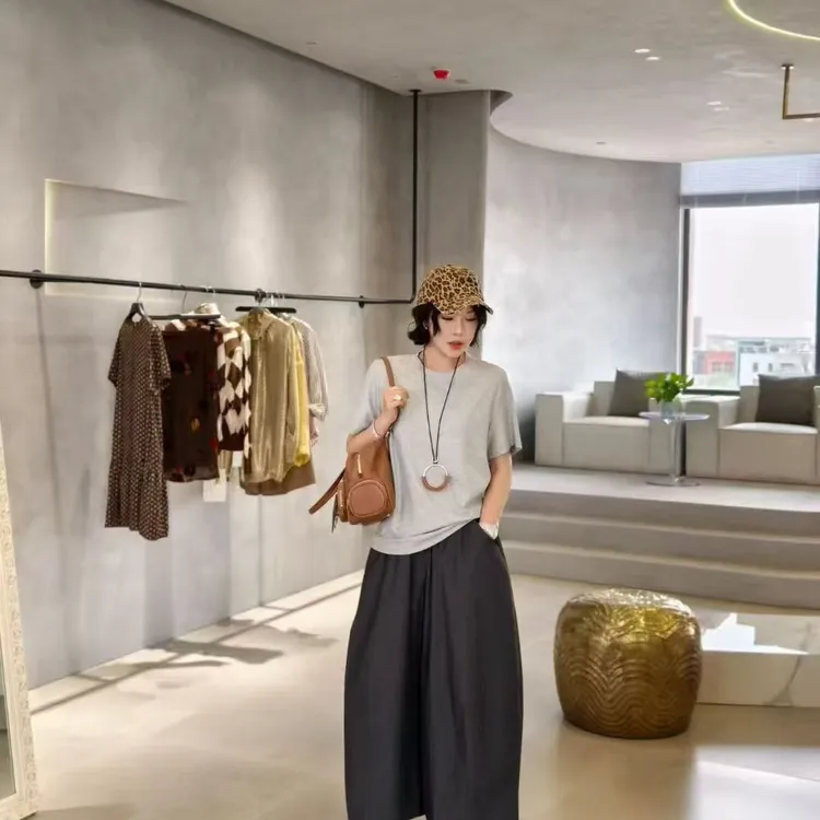 PENNYPENG 城市热岛 灰色简约圆领短袖舒适宽松纯色T恤慵懒风女装