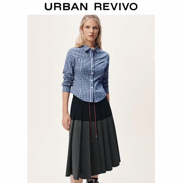 UR2026春季新款女装休闲撞色格纹翻领开襟衬衫UYY250108