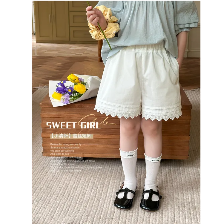 不透！【纯棉】口袋女童夏装裤子百搭甜美蕾丝边短裤白色短裤25C063