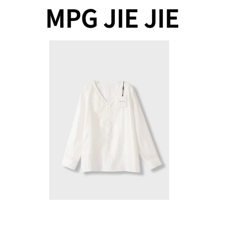 MPG JIEJIE【花与梦】25春夏蕾丝长袖白色时尚打底V领中式提花衬衫