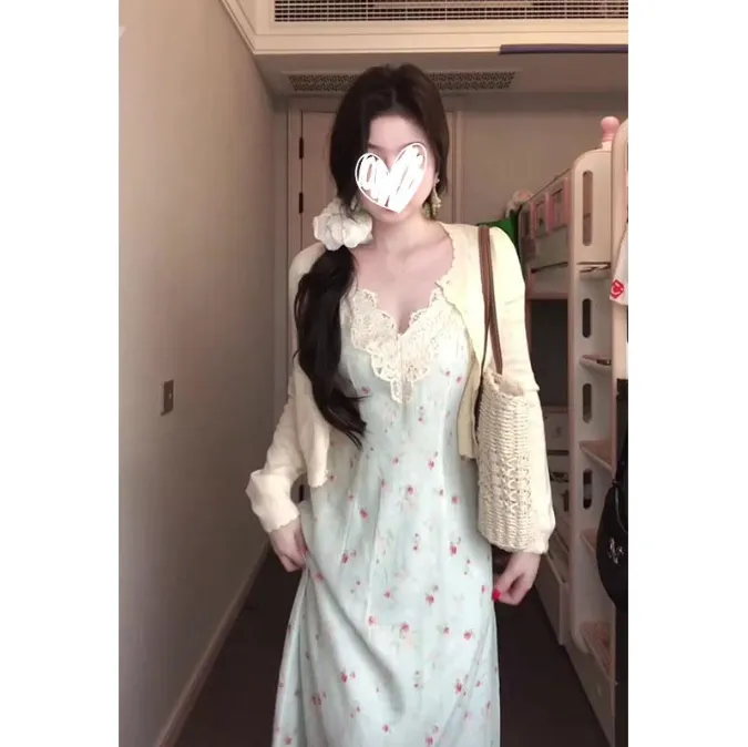 法式度假风蕾丝花边连衣裙碎花吊带裙女夏季薄款长袖针织开衫套装