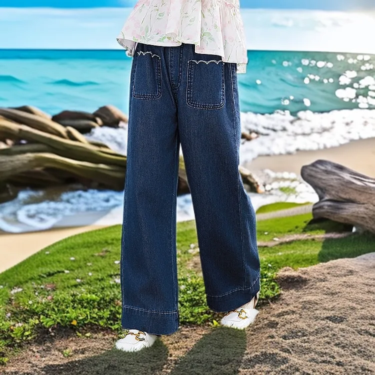 【裤子校服神器】小茵曼【浪花裤】牛仔裤秋新直筒阔腿裤宽松长裤