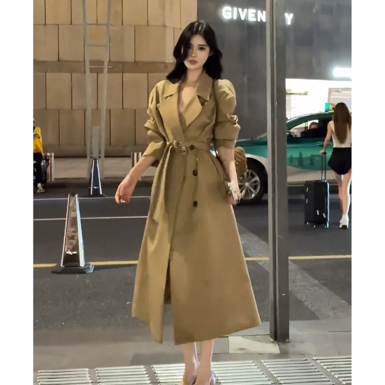 2025秋季新款卡其色长款韩版H型双排扣高级感大翻领风衣外套女