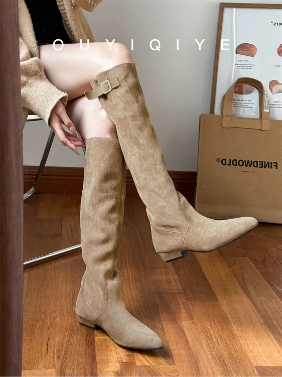 2025杏色弹力瘦长靴增高胖妹妹一脚蹬软面堆堆筒褶皱筒弹力靴靴子