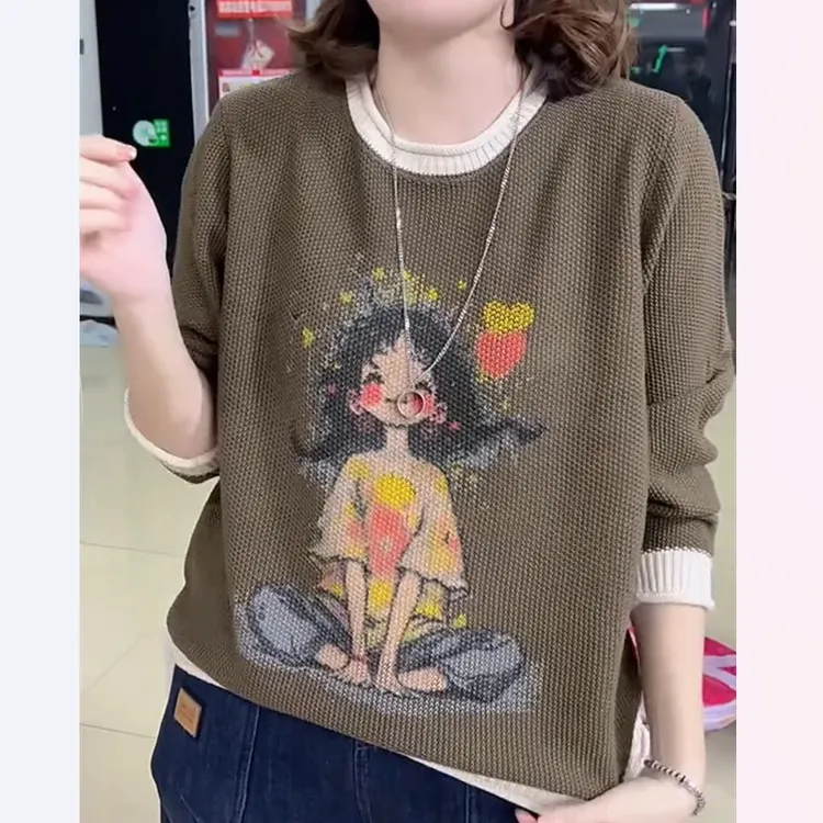 撞色卡通人物印花针织衫圆领宽松大码减龄打底衫秋冬休闲毛衣女潮