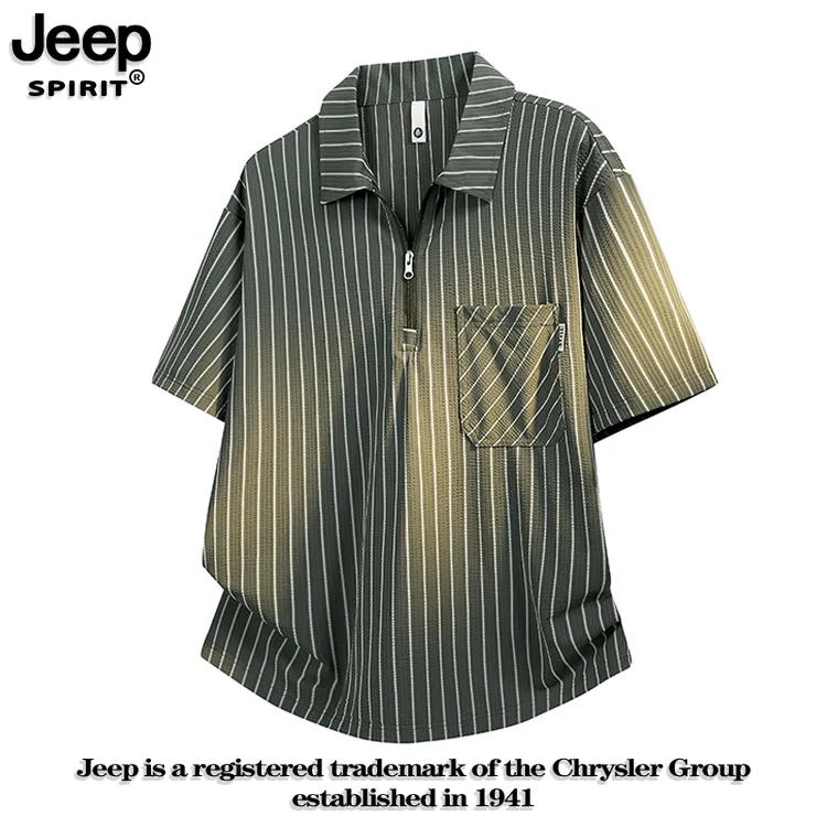 JEEPSPIRIT吉普短袖夏季新款美式复古条纹T恤大码宽松翻领上衣服