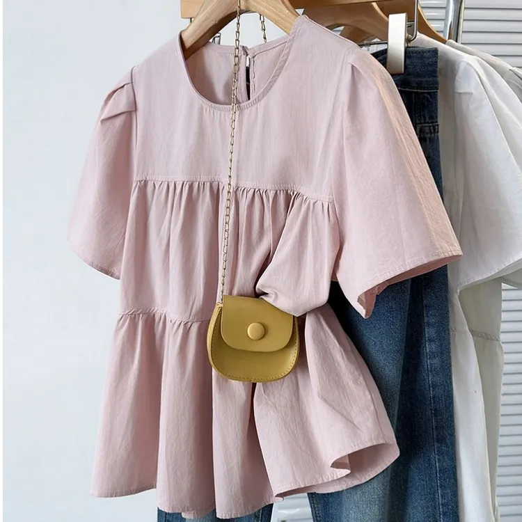 大码女装法式短袖宽松衬衫女夏季泡泡袖娃娃衫胖MM遮肚子显瘦上衣