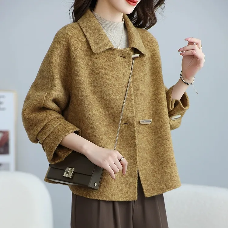 双面绒大衣宽松女装秋冬短款纯色时尚毛呢外套保暖气质小个子韩版