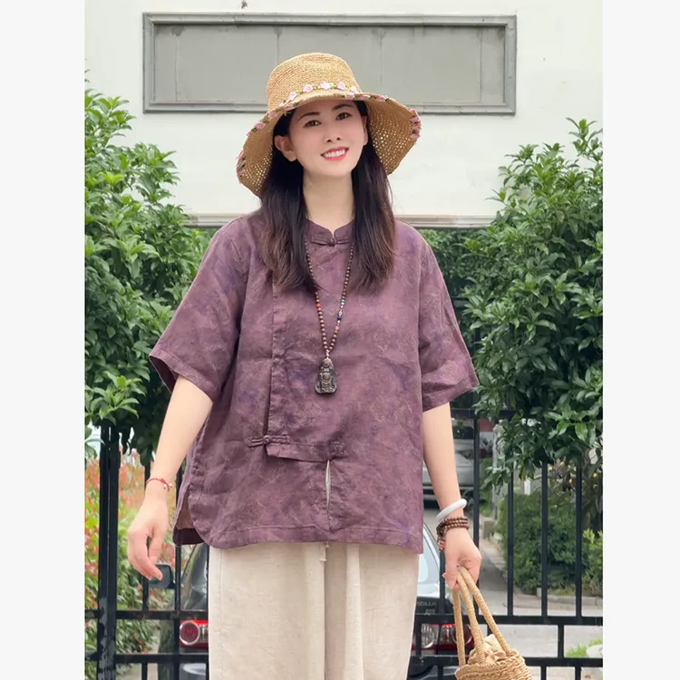 花汐语【知夏】正品原版 100%亚麻小茶服雨露麻中式衬衫女
