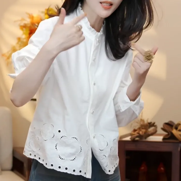 法式重工下摆镂空百搭衬衫+百搭设计感显瘦v领马甲套装LK2509167