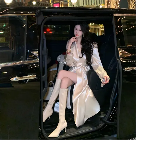 【雅乔定制】绝代风华 轻奢气质鎏金缎长款风衣外套DYCC-24128039