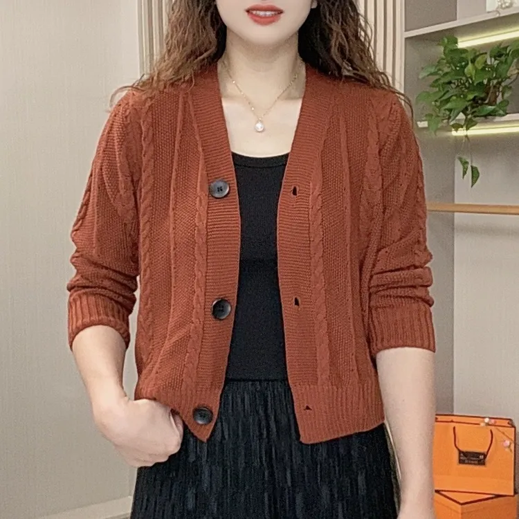复古小麻花棉线针织开衫外套女秋季新款时尚休闲长袖针织衫外搭