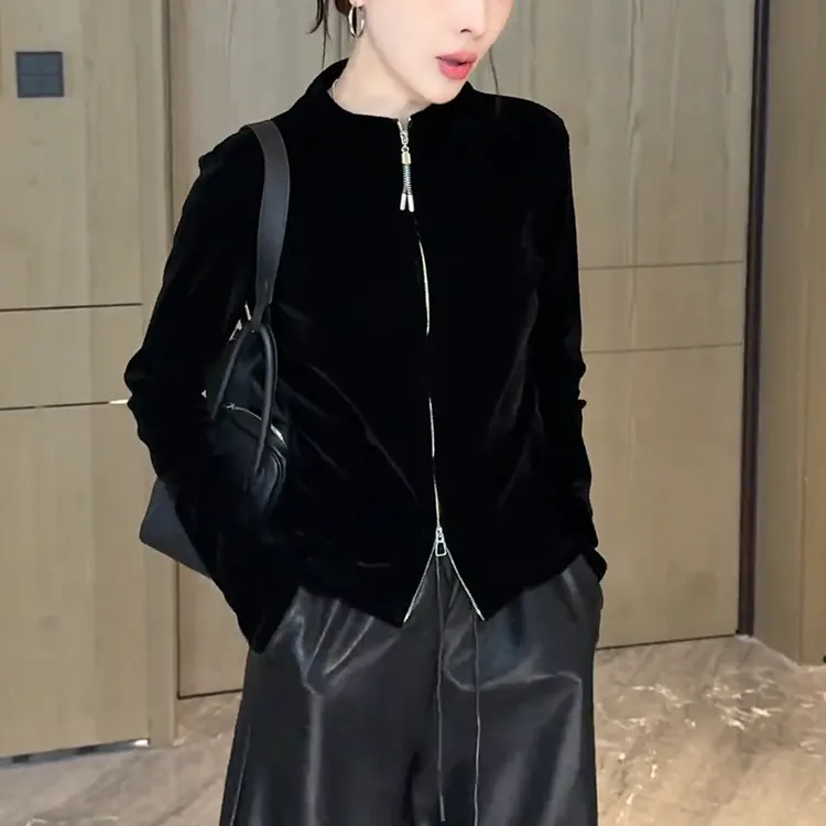 双拉链丝绒长袖T恤女秋冬2025新款圆领修身显瘦开衫外套打底衫