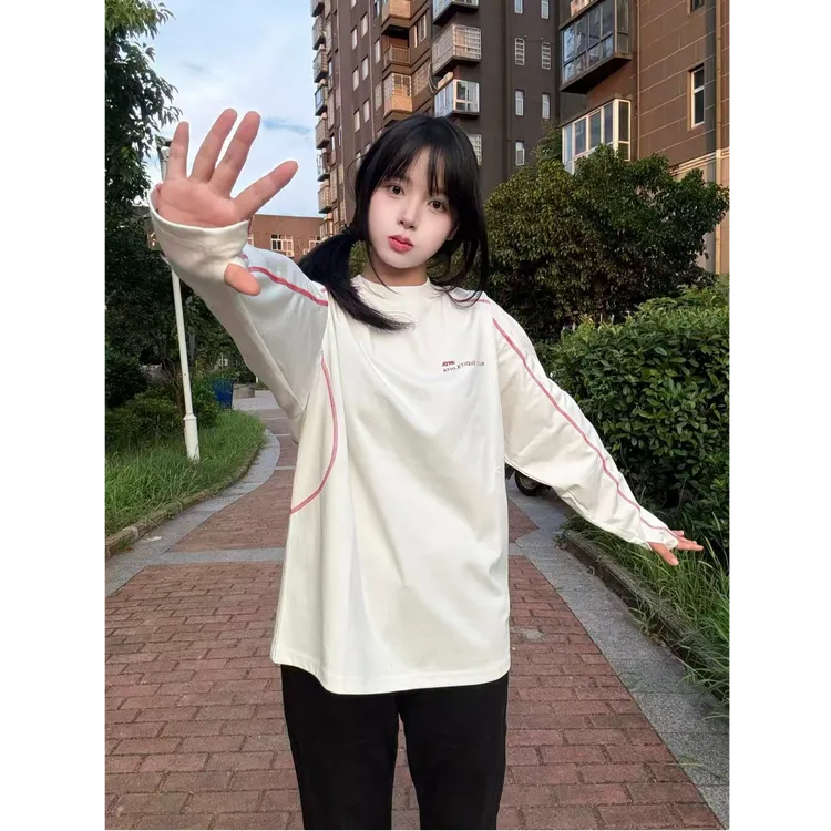 国潮牌美式撞色哈苏线长袖t恤男女2025春秋新款宽松小众情侣上衣