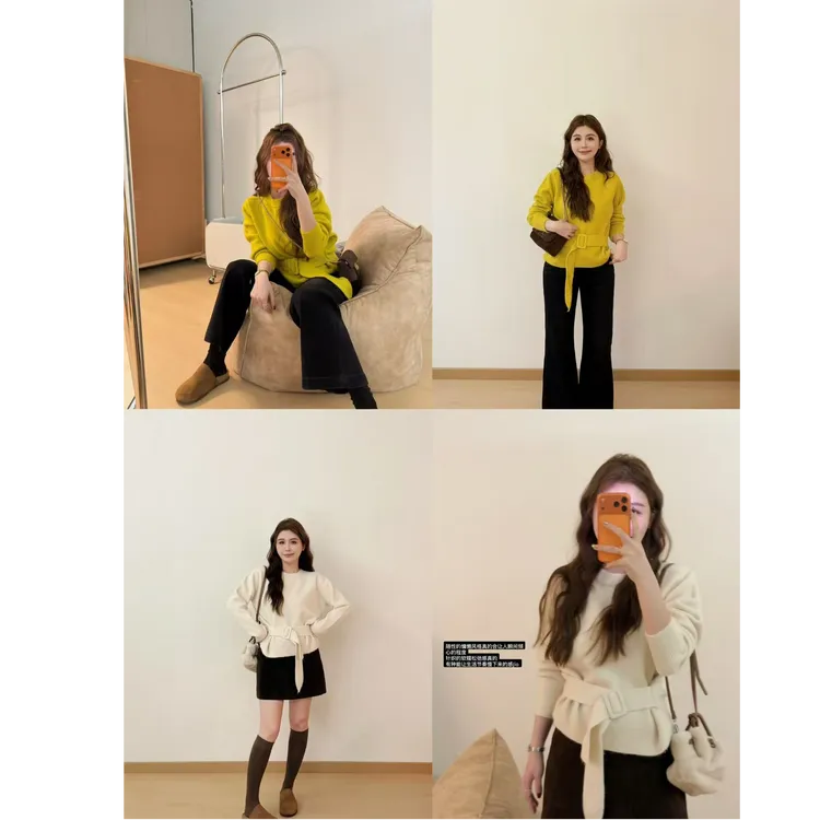 YPP!【私有月光】韩系气质温柔风圆领收腰绑带设计显瘦针织毛衣