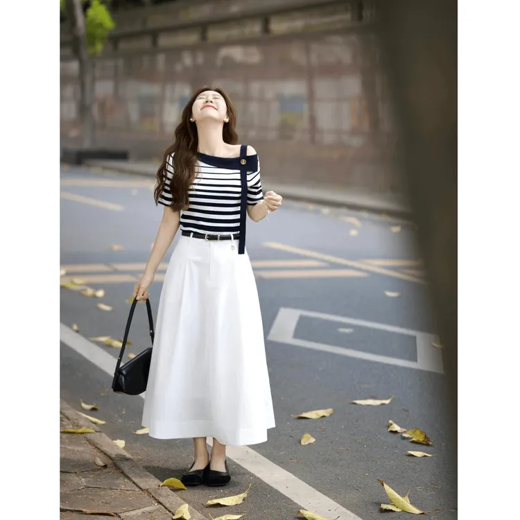 2025夏季女装套装法式黑白条纹斜肩针织短袖t恤高腰伞裙半身裙