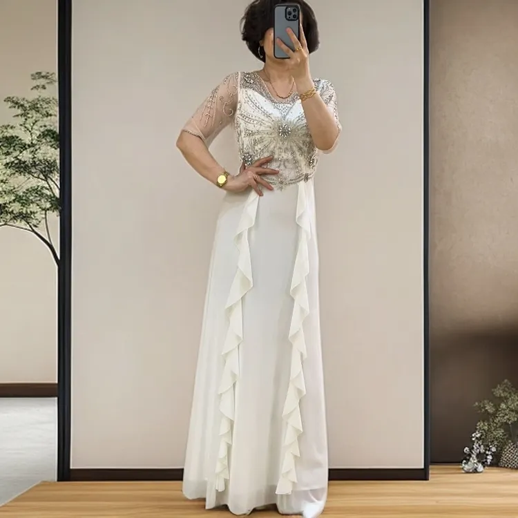短袖圆领纯色长裙见外包装礼服优雅风脏脏风