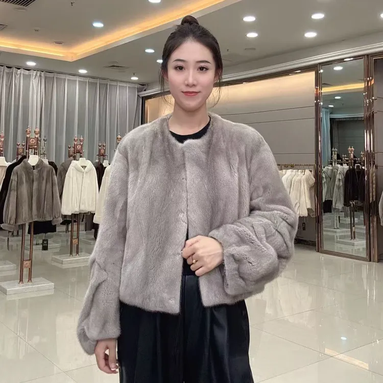 【岚威泷】冬季新款圆领休闲外套女装水貂皮草貂皮大衣
