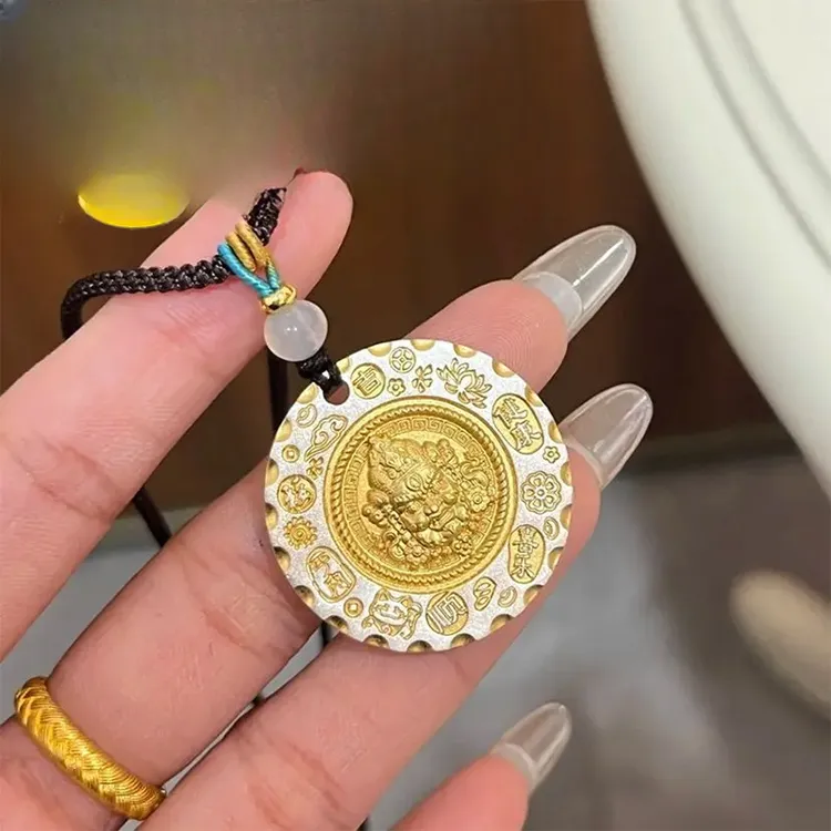 吊坠足银 古法黄财神吊坠男纯银999国风项链女百搭复古情侣送男友
