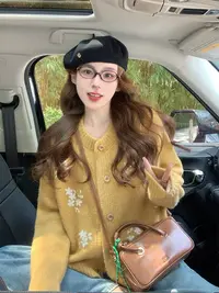 秋冬针织插肩袖毛衣常规花朵保暖宽松百搭小香风圆领