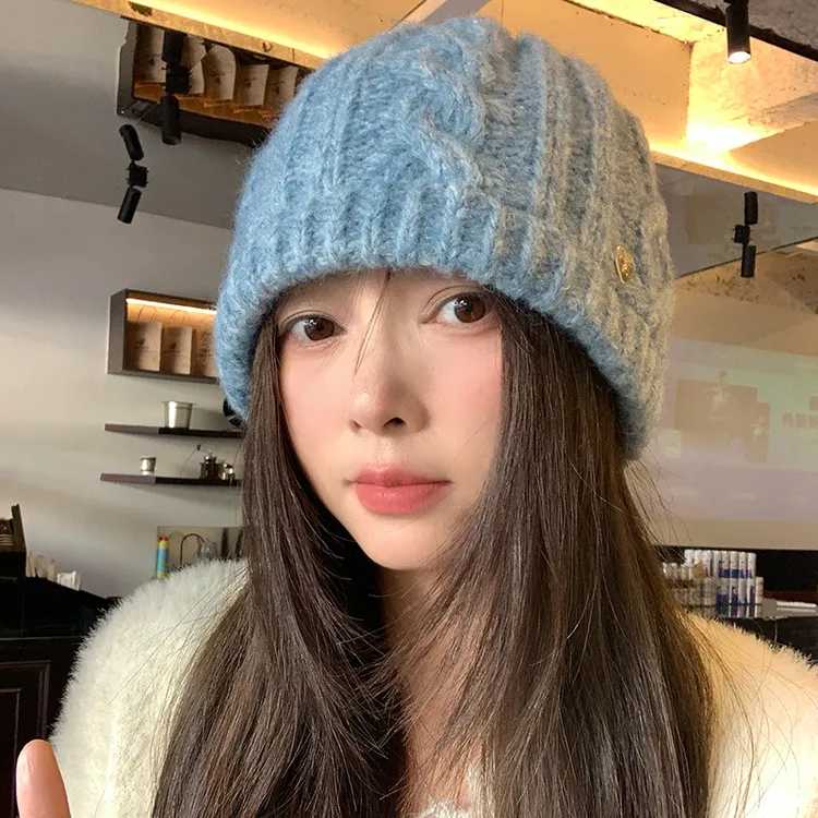 韩系蓝色针织毛线帽女秋冬保暖显脸小冷帽大头围防寒百搭包头帽子