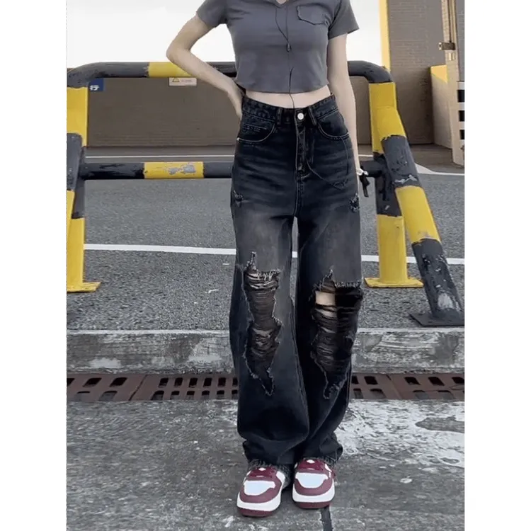 2024夏季新款美式高街黑色破洞牛仔裤女高腰宽松显瘦阔腿拖地裤子