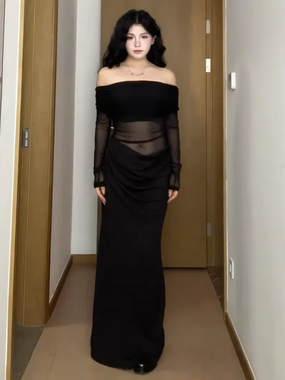 度假风轻奢复古假两件一字肩掐腰镂空网纱连衣裙女 9298#