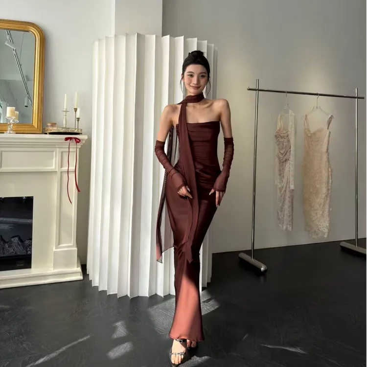 【JINGGUO轻奢】小众设计感抹胸宴会复古名媛长款修身连衣裙7604